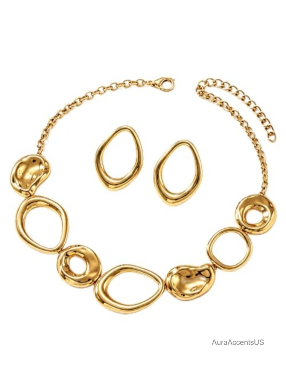 Gold Alloy Chunky Statement Necklace & Geometric Earrings Set